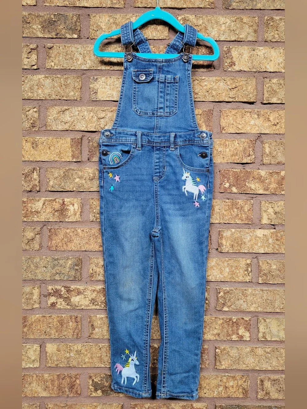 wonder nation Blue Denim Overalls Unicorn Embroidery Size 5T Stretch